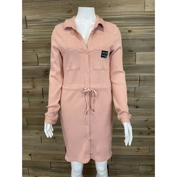 Kittenish Juicy Couture Ribbed Stretch Dress Medium Long Sleeve Pink Drawstring - Picture 2 of 7